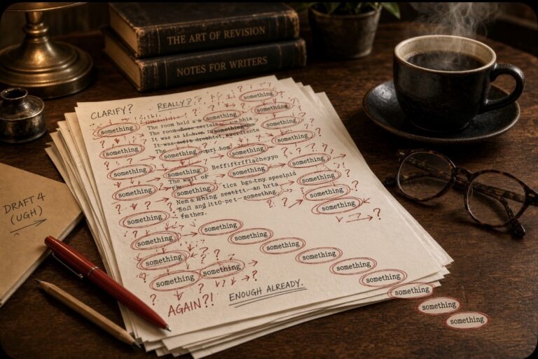 Author writing desk with notebook and pen for craft essay on crutch words