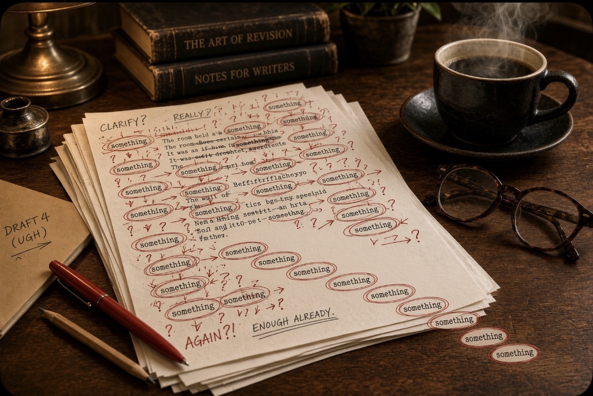 Author writing desk with notebook and pen for craft essay on crutch words
